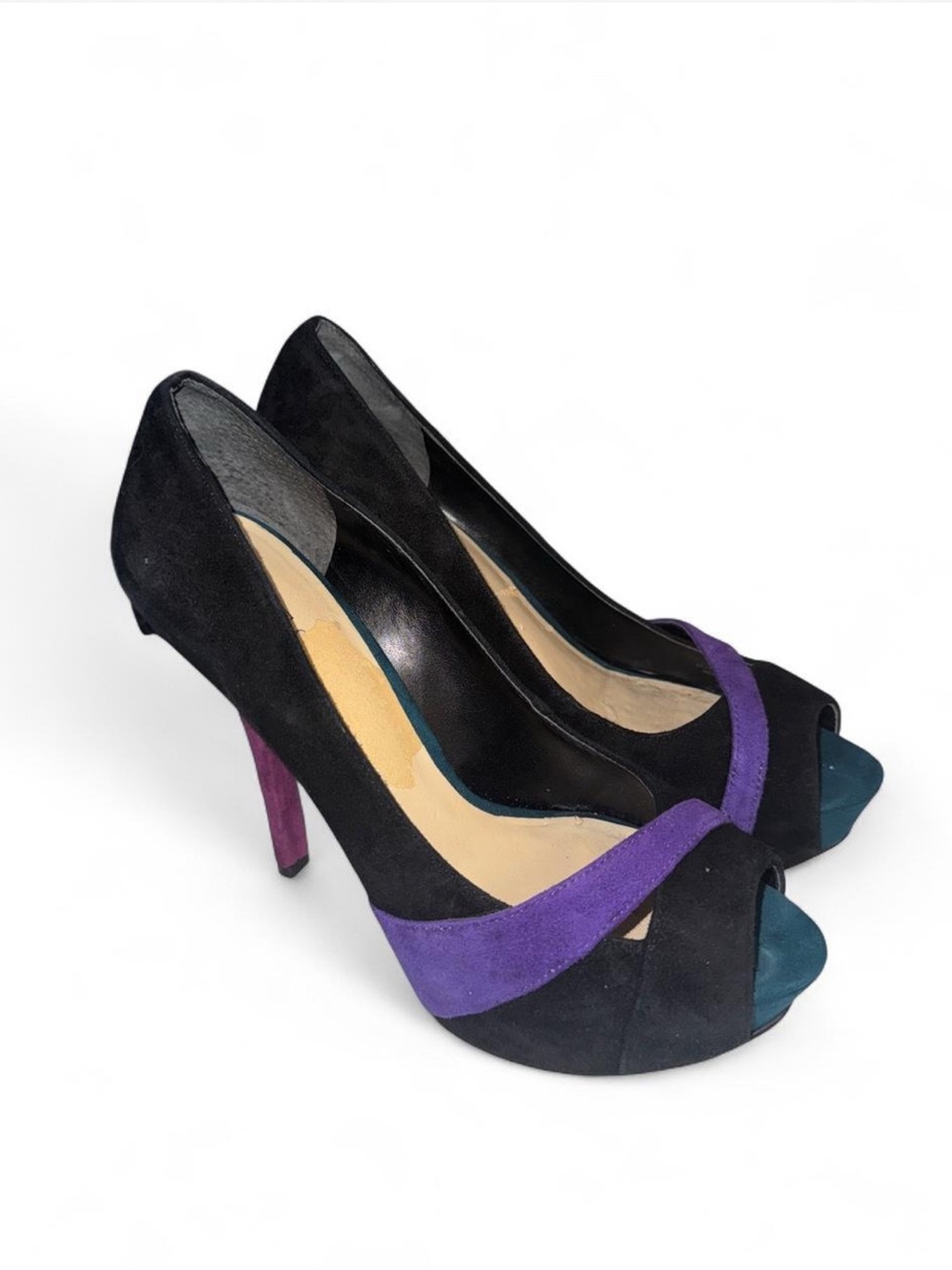 GUESS Black and Purple Suede Peep-Toe High Heels